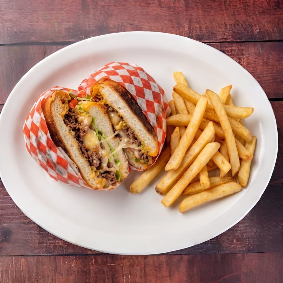 A sliced cheesesteak sandwich wrapped in checkered paper, served with golden french fries on a white plate.