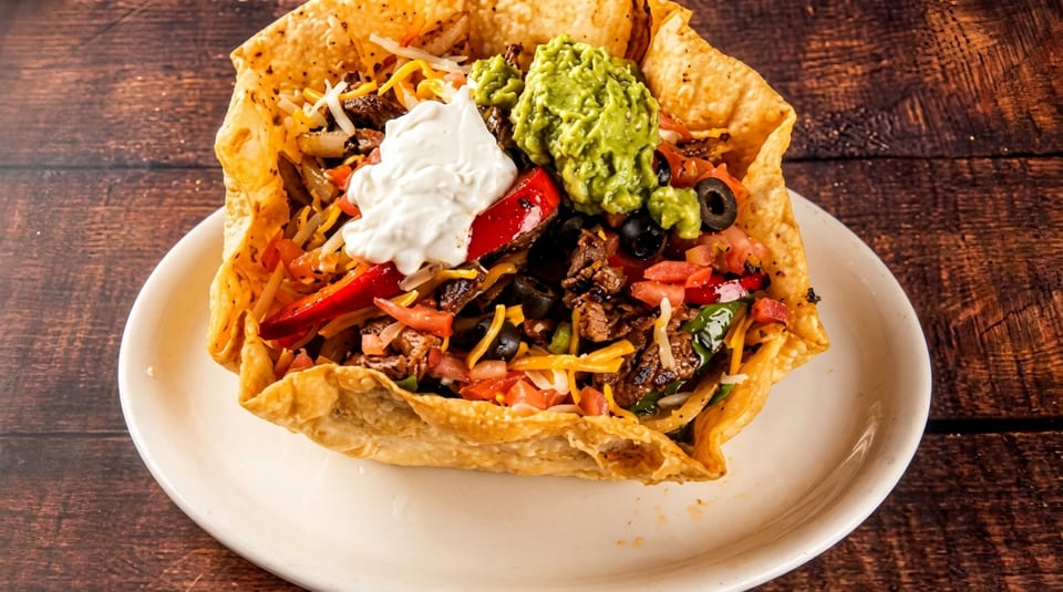 Taco salad in a crispy tortilla bowl, topped with steak, guacamole, sour cream, and vegetables.